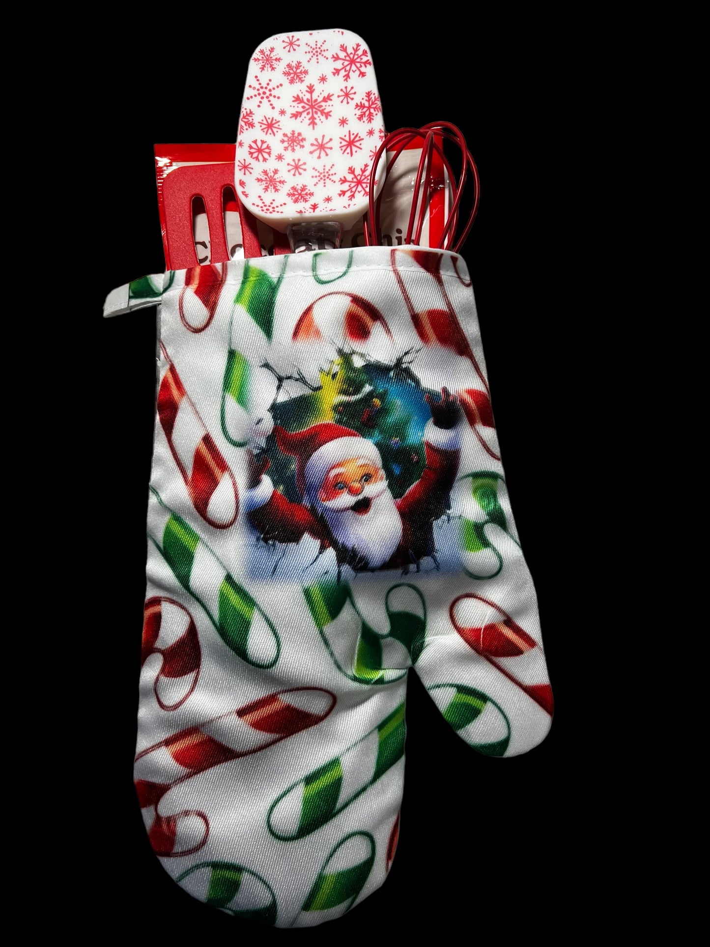 Christmas Pot holder filled with cookie mix and utensils